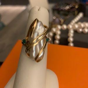 Baroque natural pearl and emerald ring.